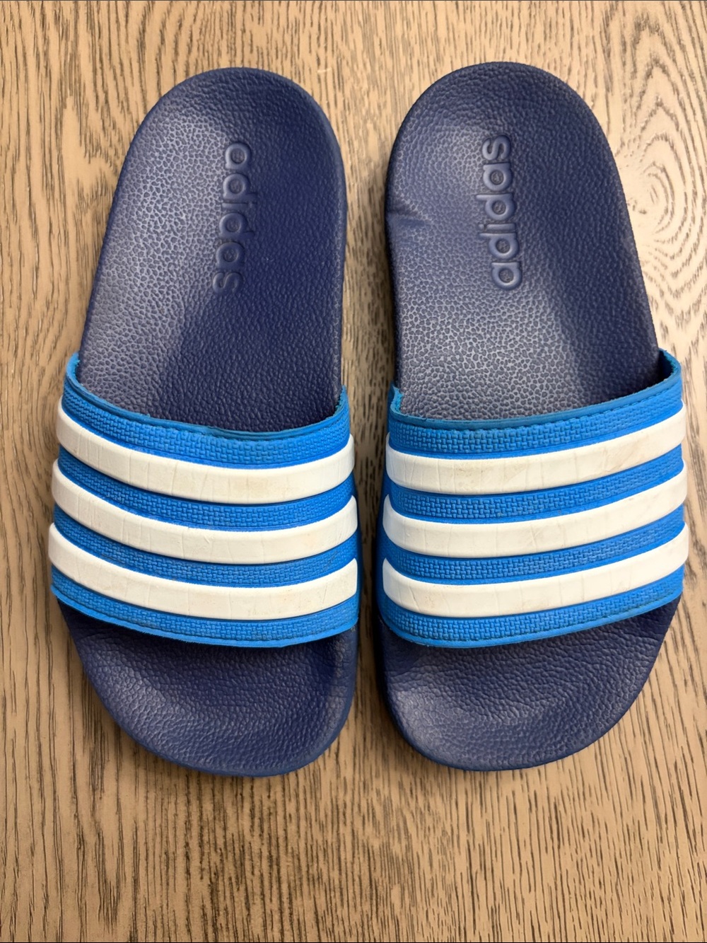 adidas Kids Navy and Bright Blue Slide Sandals with White Stripes